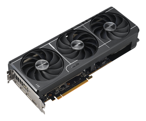 ASUS Prime RX 9070 OC Edition angled view showing display ports and cooling design