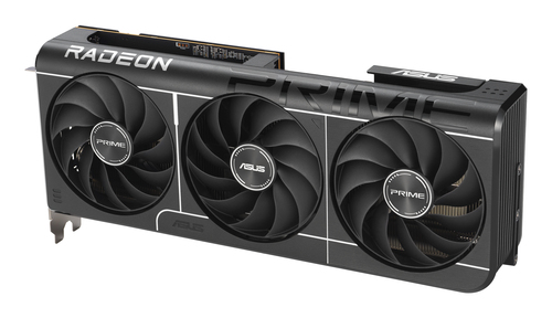 ASUS Prime RX 9070 graphics card top view featuring three Axial-tech fans and Prime logo