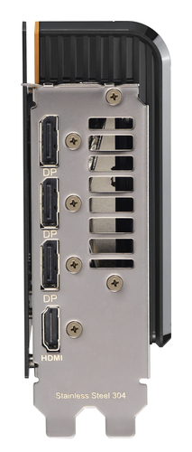 ASUS Prime RX 9070 I/O panel showing 3 DisplayPort and 1 HDMI ports on stainless steel bracket