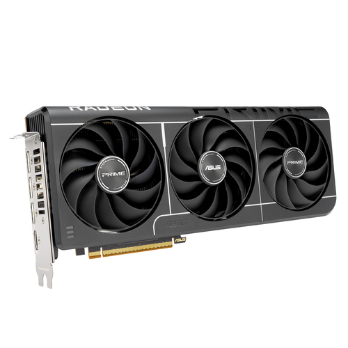 Close-up of triple fan cooling design on ASUS Prime RX 9070 graphics card