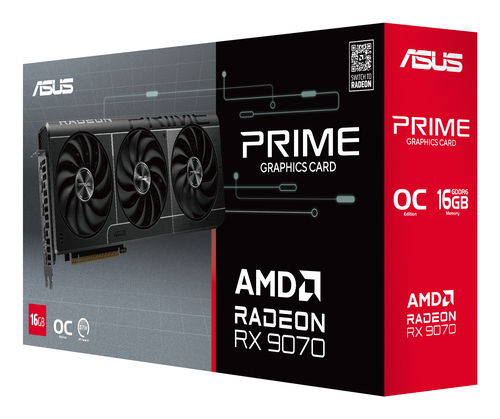 ASUS Prime RX 9070 OC Edition 16GB GDDR6 graphics card retail box with triple fan design