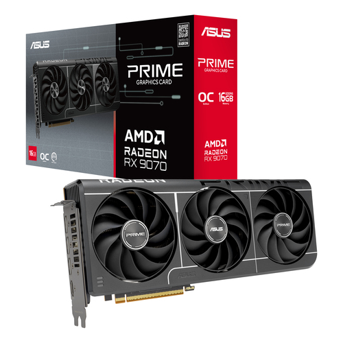 ASUS Prime RX 9070 graphics card with retail box showing 16GB OC Edition