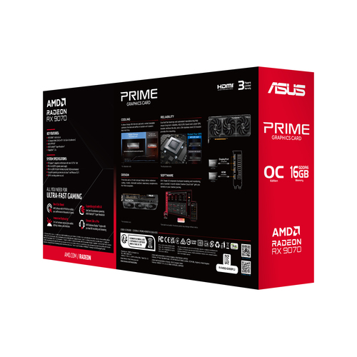 ASUS Prime RX 9070 16GB OC Edition retail box with AMD Radeon specs