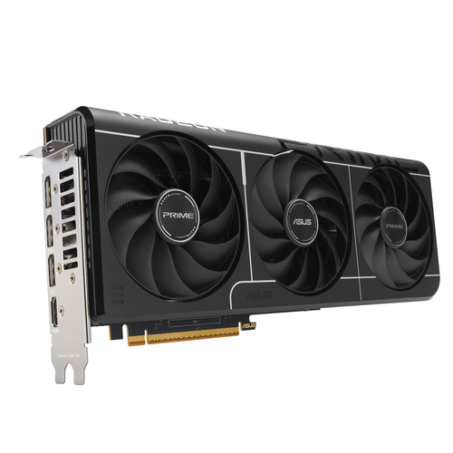 ASUS Prime RX 9070 graphics card with triple fans and I/O ports