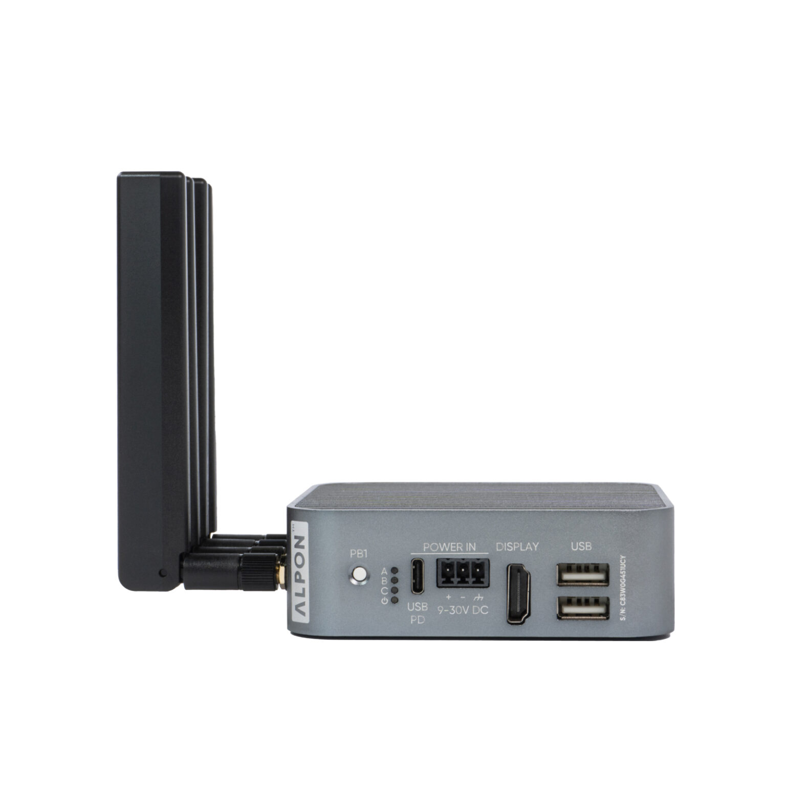 Side profile of Sixfab ALPON X4 edge computer highlighting the ALPON label and antenna base
