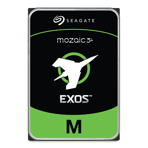 Seagate Exos M 30TB hard drive front label with Mozaic 3+ logo and green M branding