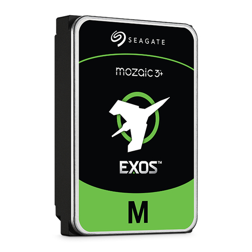 Seagate Exos M 30TB hard drive angled view highlighting black casing and silver frame