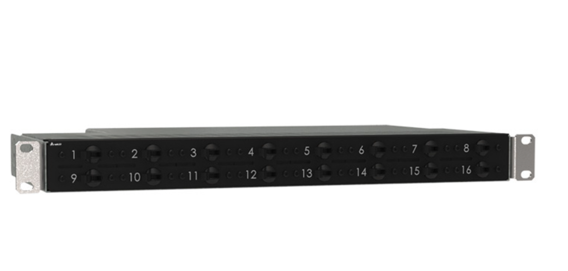 Delta DPD 640 1U DC power distribution unit with 16 numbered ports and rack ears