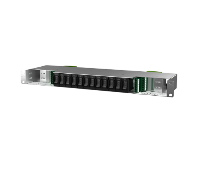 Delta D00001.018 1U 19-inch MCB distribution panel with front-facing circuit breakers and green terminal blocks