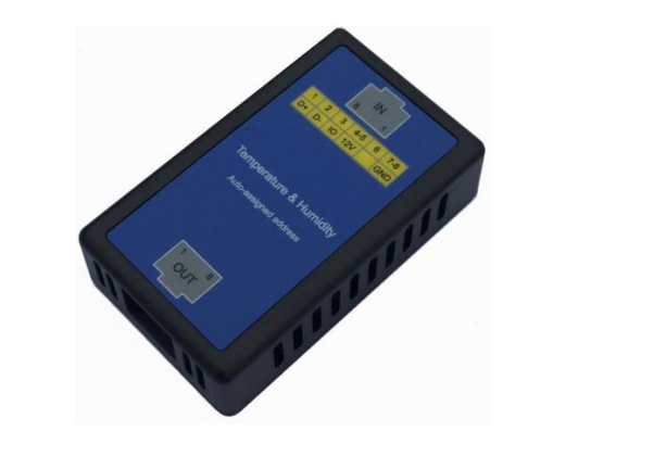 Attom M-S-TH temperature and humidity sensor showing IN/OUT ports and pin layout