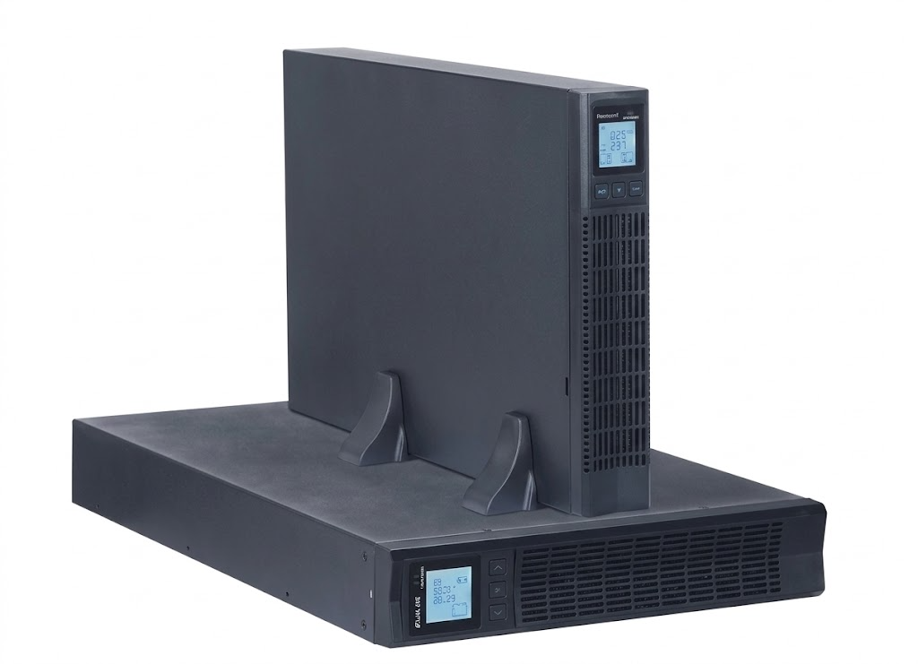 Attom U-005R11E 5kVA rack mount UPS in vertical and horizontal orientations with LCD display