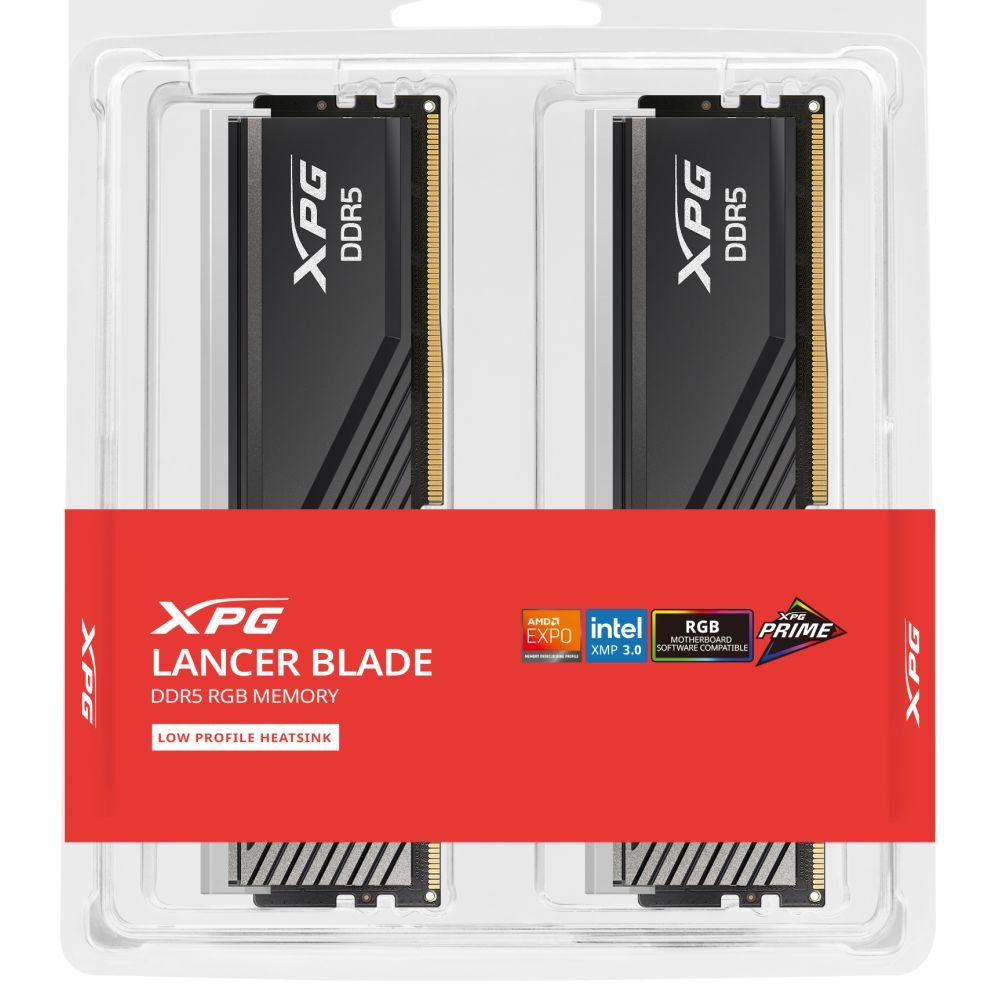 Adata XPG Lancer Blade DDR5 6000MHz 32GB RGB RAM kit in retail packaging with low-profile heatsink