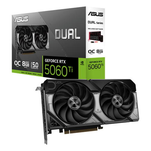 ASUS GeForce RTX 5060 Ti Dual OC 8GB with retail box and dual-fan card