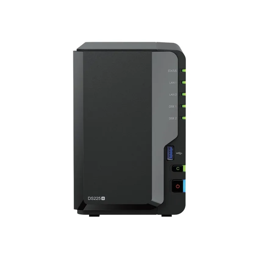 Synology DS225+ NAS front panel with USB, power button, and status LEDs