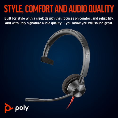 POLY Blackwire 3310 Monaural USB-C/A Adapter, Wired, Headset/Headphones, Black