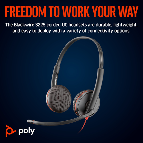 POLY Blackwire 3225 Stereo 3.5mm Plug +USB-C/A Adapter (Bulk), Wired, 20 - 20000 Hz, Headset/Headphones, Black