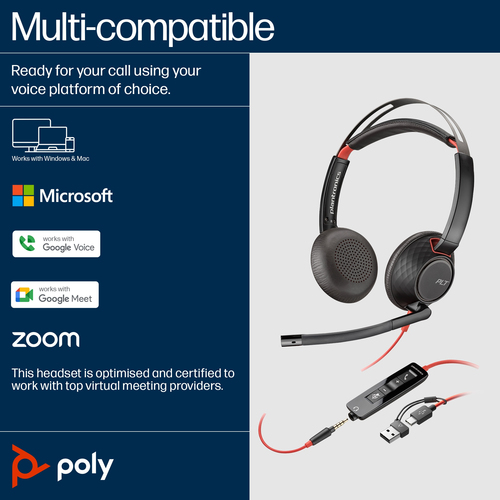 POLY Blackwire 5220 Stereo 3.5mm Plug +USB-C/A, Wired, 20 - 20000 Hz, Headset/Headphones, Black