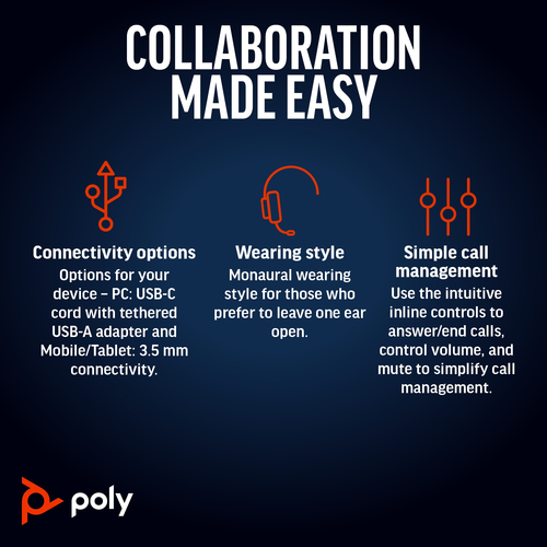 POLY Blackwire 5210 (8X230A6) Monaural 3.5mm+USB-C/A, Wired, Headset/Headphones