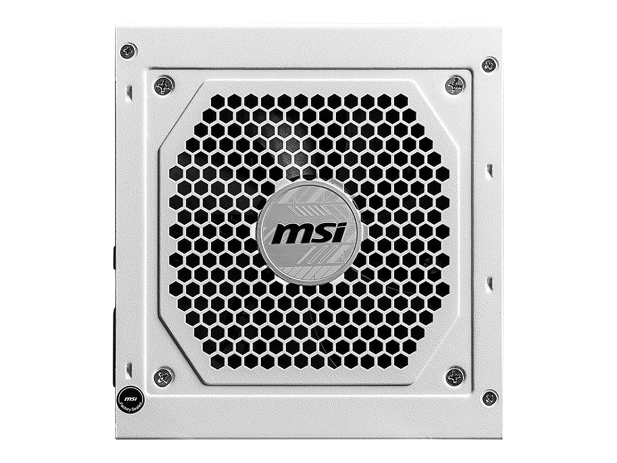 MSI MAG A850GL PCIE5 WHITE power supply front view with hexagonal fan grille and white casing
