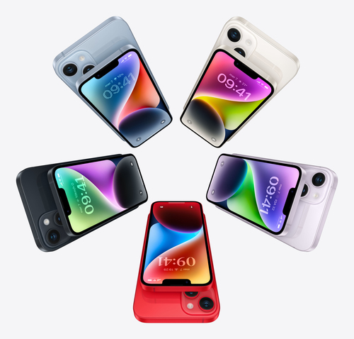 Apple iPhone 14 blue aluminum body side profile view