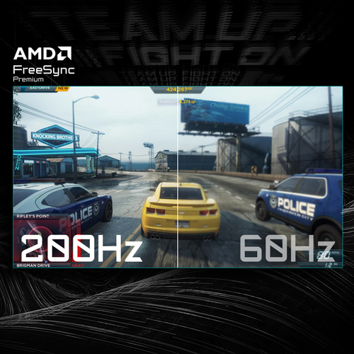 Gaming setup with GIGABYTE GS25F2 monitor showing fast 200Hz refresh