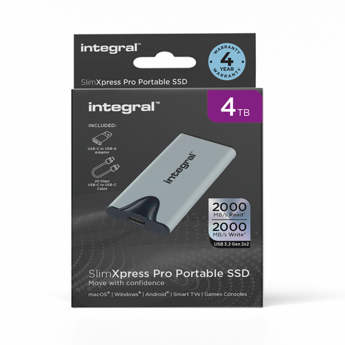 Integral SlimXpress Pro , 4 TB, USB Type-C, USB 3.2 Gen 2x2, 2000 MB/s, Silver
