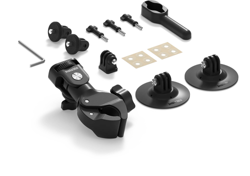 Insta360 Motorcycle Kit mounted on motorcycle handlebar for stable action camera recording