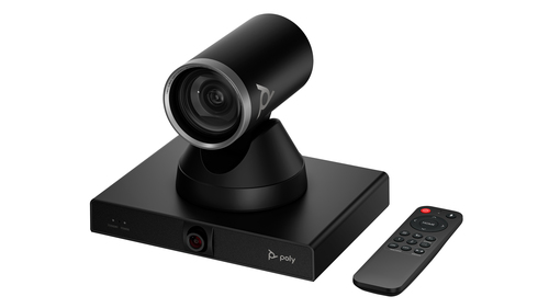 HP Poly Studio E60 8MP 4K PTZ conference camera angled perspective for meeting rooms