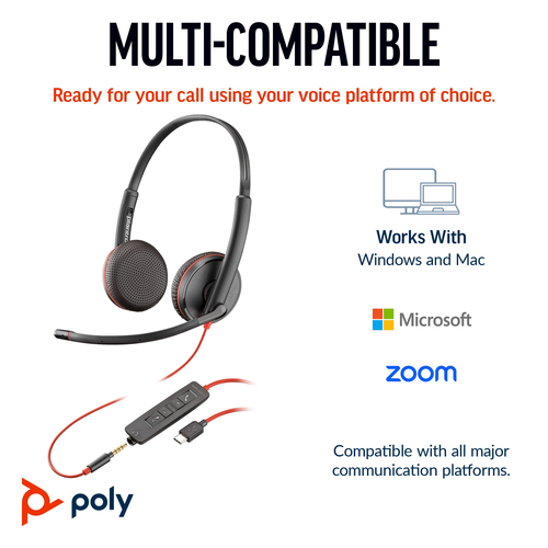 POLY Blackwire 3225 Stereo 3.5mm Plug +USB-C/A Adapter (Bulk), Wired, 20 - 20000 Hz, Headset/Headphones, Black