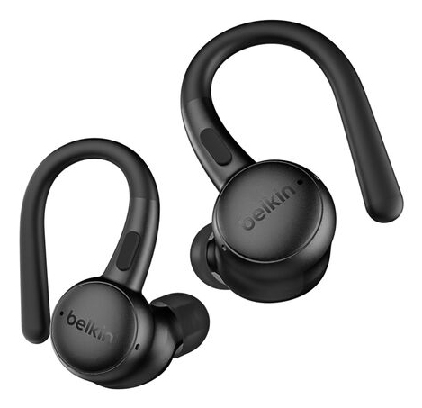 Side view of Belkin SoundForm ActiveFit ear hook earbuds for workouts
