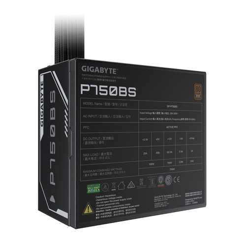 GIGABYTE P750BS, 750 W, 200 - 240 V, 50/60 Hz, 6 A, 80+Bronze, ATX, UK Plug, PSU