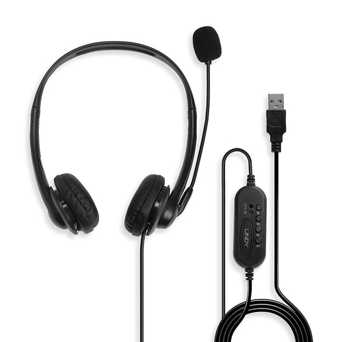 Lindy USB Type A Wired Headset In-Line Control, 20 - 20000 Hz, Headphones, Black