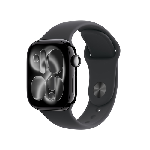 Front view of Apple Watch Series 11 M/L size showing touchscreen and black rubber band
