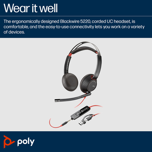 POLY Blackwire 5220 Stereo 3.5mm Plug +USB-C/A, Wired, 20 - 20000 Hz, Headset/Headphones, Black