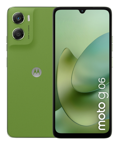 Close-up of Motorola moto g06 green rear camera module and textured back panel design