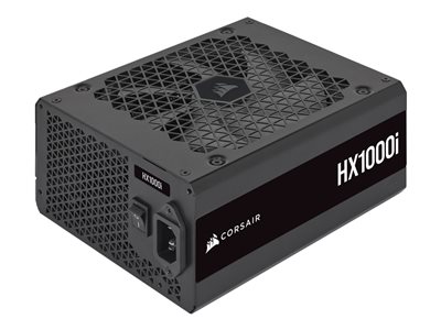 Corsair HX1000i 1000W power supply showing rear I/O panel and fan grille