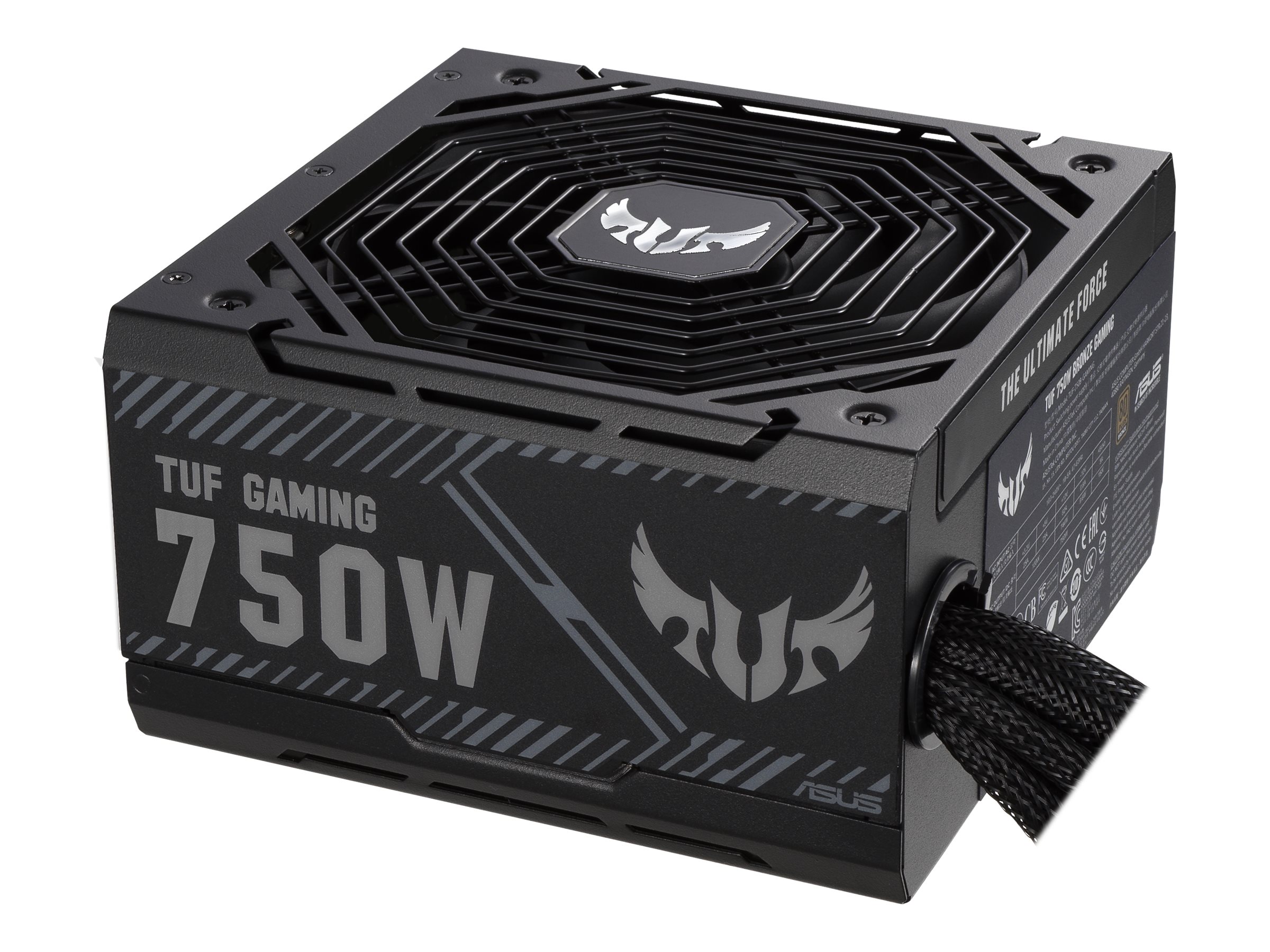 ASUS TUF 750B PSU top angle showing 135mm Axial-tech fan and TUF Gaming logo