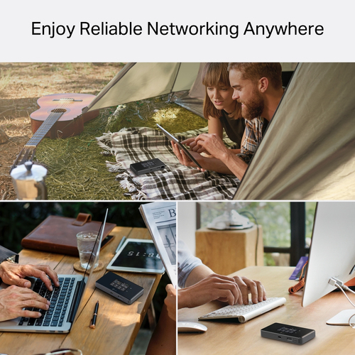 TP-Link Wi-Fi 6E mobile hotspot router black top angle view