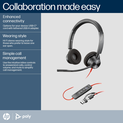 POLY Blackwire 3320 Stereo USB-C/A Adapter, Wired, 20 - 20000 Hz, Headset/Headphones, Black