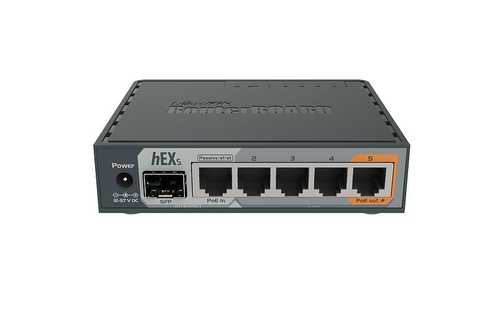 Mikrotik RB760IGS router with Ethernet WAN ports close up