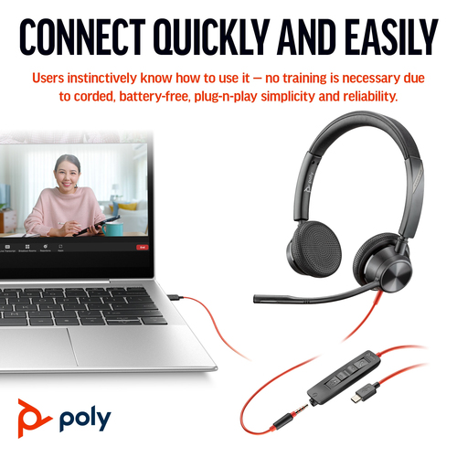 POLY Blackwire 3325 Stereo 3.5mm Plug +USB-C/A, Wired, Headset/Headphones, Black