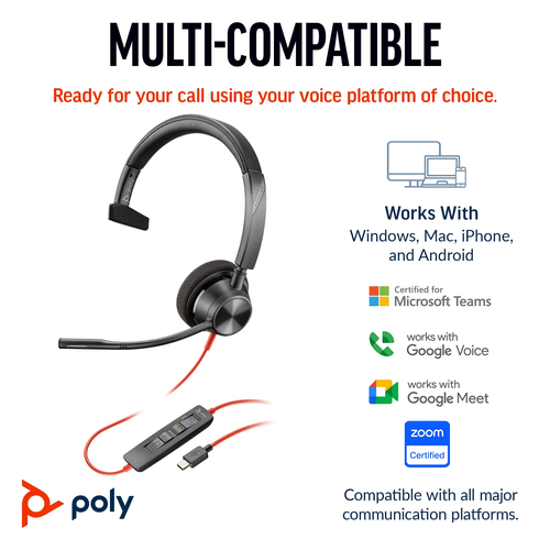 POLY Blackwire 3310 Monaural USB-C/A Adapter, Wired, Headset/Headphones, Black