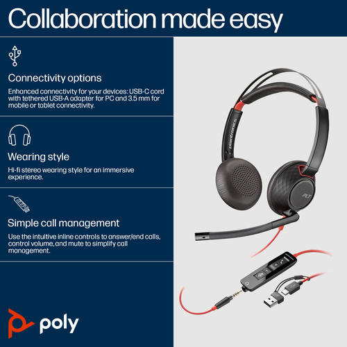 POLY Blackwire 5220 Stereo 3.5mm Plug +USB-C/A, Wired, 20 - 20000 Hz, Headset/Headphones, Black