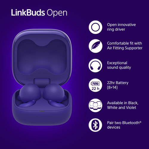 Sony LinkBuds Open WFL910V, Wireless, 20 - 20000 Hz, Headset/Headphones, Violet