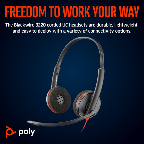 POLY (8X2J9A6) Blackwire 3220 Stereo USB-C/A Adapter, Wired, Headset/Headphones, Black