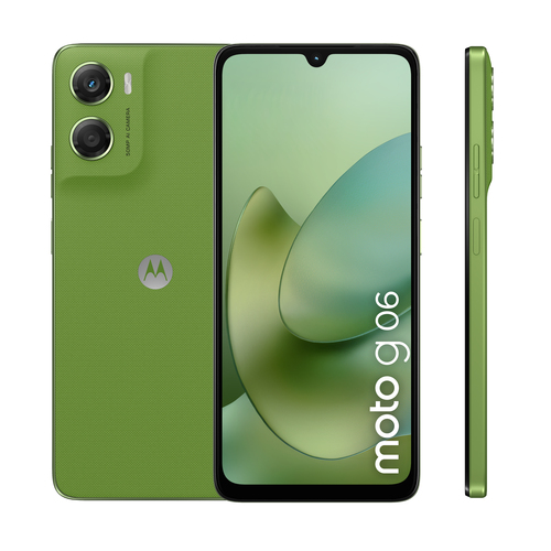Motorola moto g06 green front, back, and side profile showing 50MP camera and 6.88-inch display