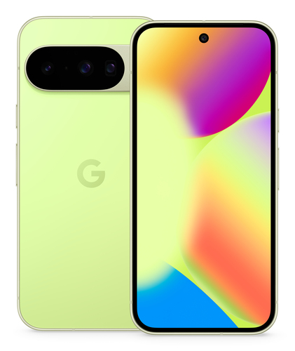 Google Pixel 10 green front and back view showing 48MP camera bar and 6.3-inch OLED display