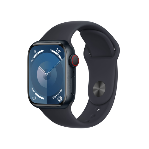 Side angle of Apple Watch Series 9 showing stainless steel case and magnetic charging