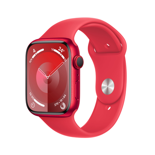 Apple Smartwatch Series 9 red aluminium 45mm side view highlighting slim rectangular design and red sport band.