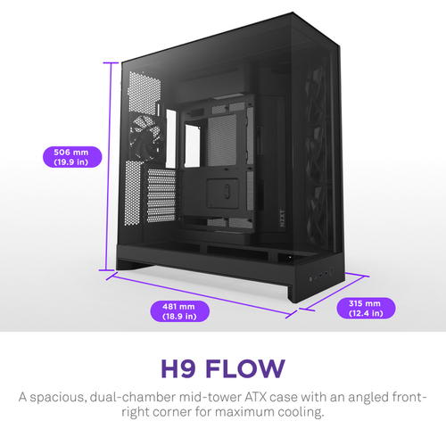 angled front-right fans and airflow-optimized layout of NZXT H9 Flow keeping components cool